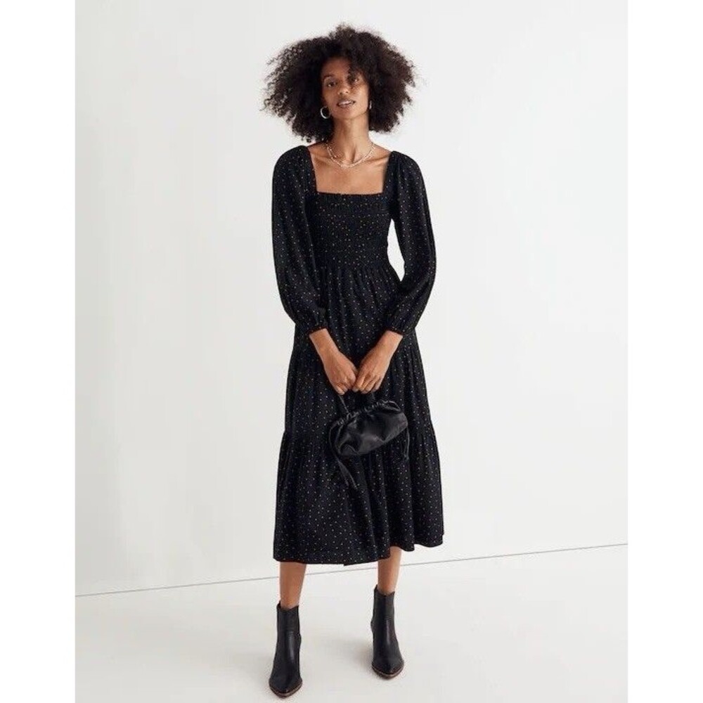 Madewell Lucie Tiered Midi Dress in Dot Sz XS Polka Dot Black